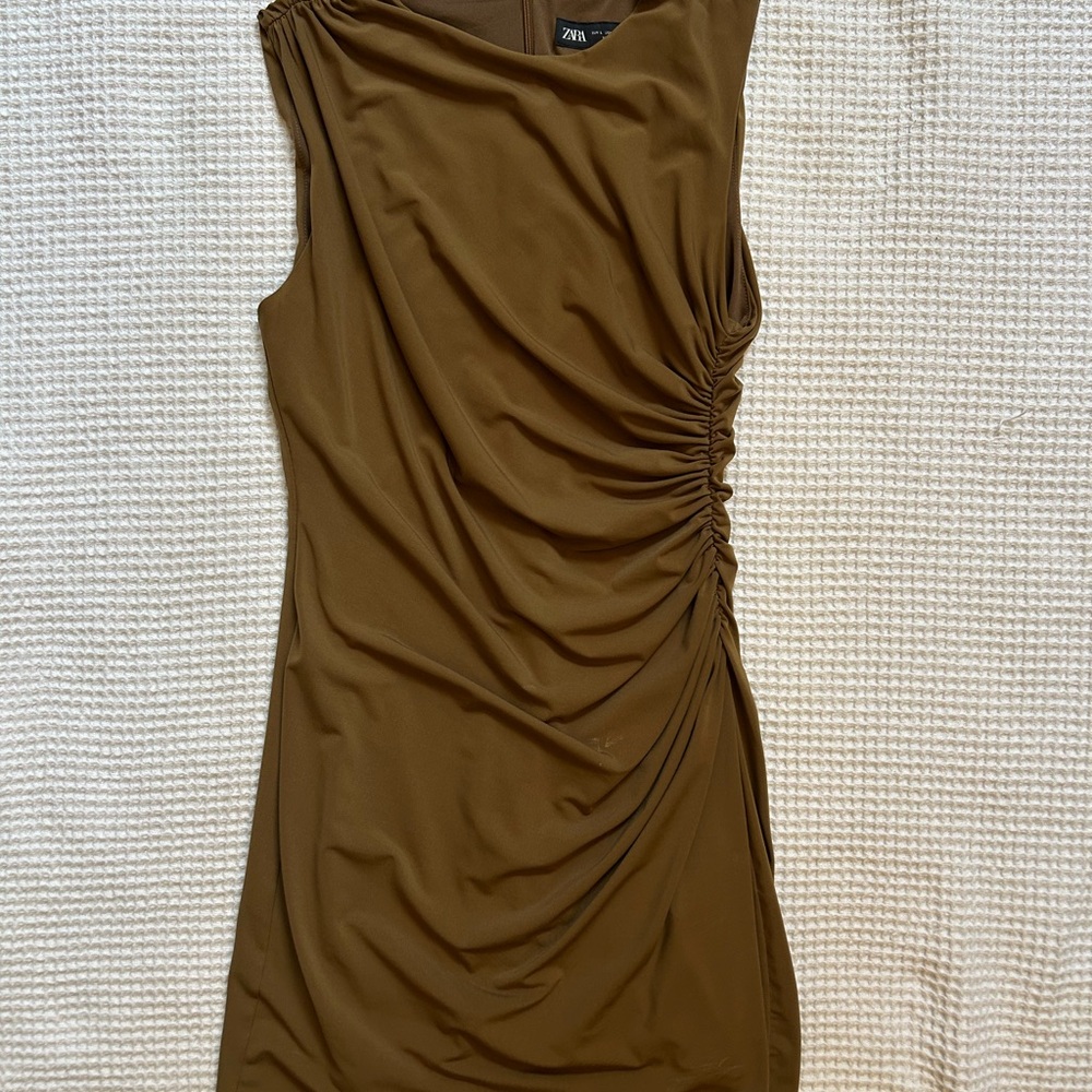 Zara Green Asymmetrical Ruched Cocktail Dress